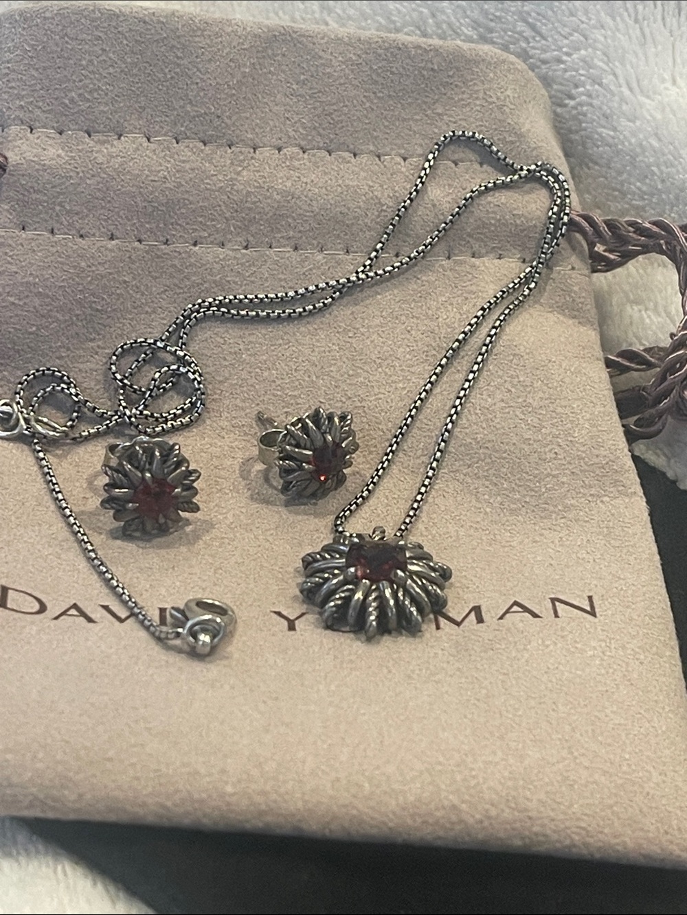 David Yurman Sterling Silver Necklace and Stud Earrings with Red Stones